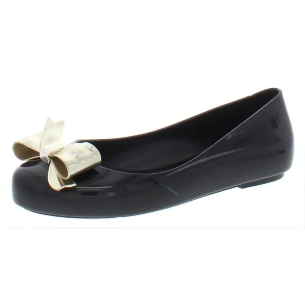 Girls Black Jelly Ballet Flat with Gold Bow